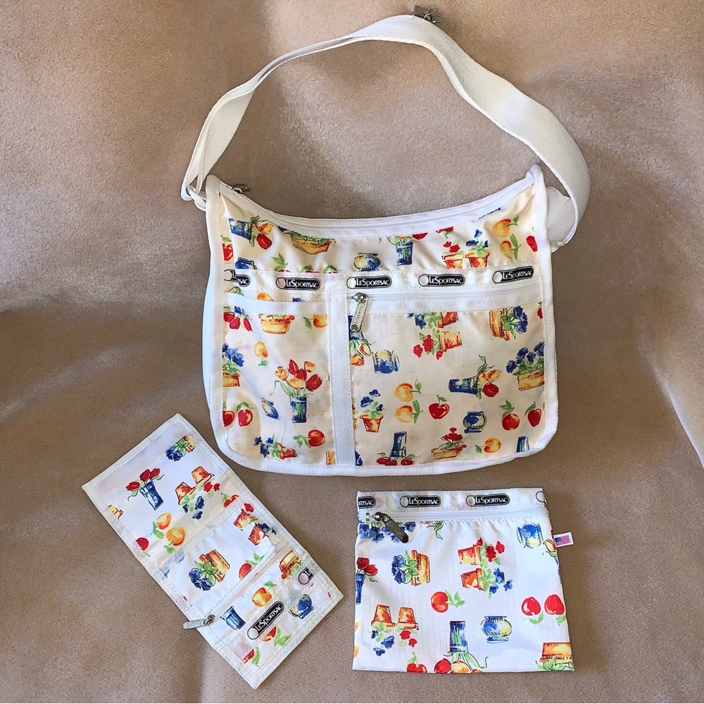 Vintage LeSportsac Farmstand Fruit Flowers 3pcs Bag Purse Pouch Wallet - Picture 1 of 15